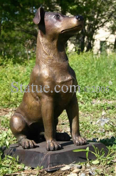Life size bronze Jack Russel Terrier dog sitting at attention ears down
